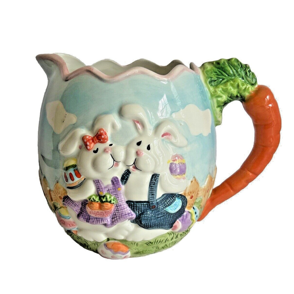 GKA Collector's Pitcher Rabbit Couple Easter Egg Hunt w Carrot Handle 6.5"